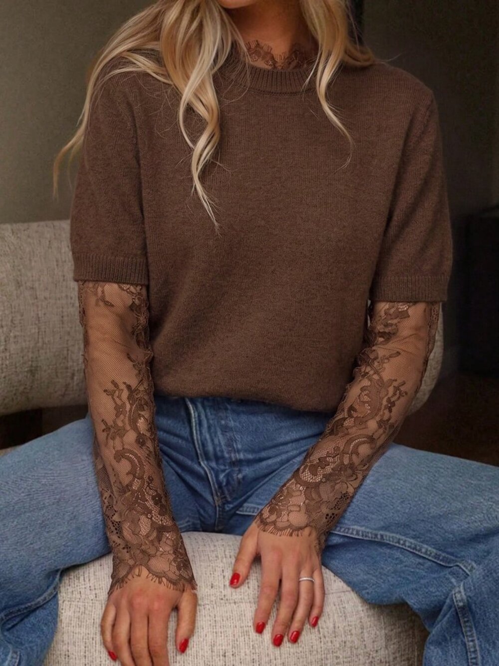 Brown Casual Women's Lace detailed Plush Knit Sweater top - Picture 9 of 9